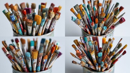 Used paintbrushes, stained with vibrant colors, tightly packed in four round containers
