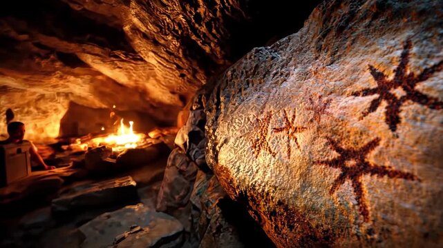 Ancient cave paintings of stars illuminate a dark cave with a fire in the background.