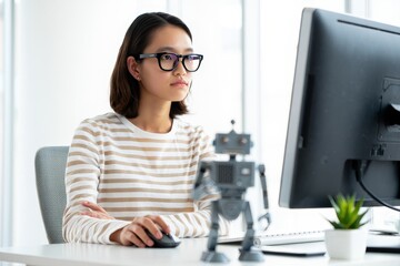 Woman coding ai artificial intelligence with robot at desk computer programmer job