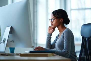 Woman working on computer at home office desk using desktop pc for remote work job
