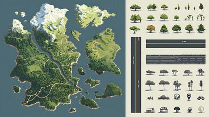 Detailed island map with diverse terrain and asset collection for game development