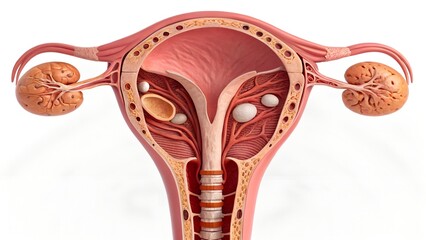 Cinematic cross-section of the female pelvic cavity — uterus, fallopian tubes, and ovaries suspended in ligament support