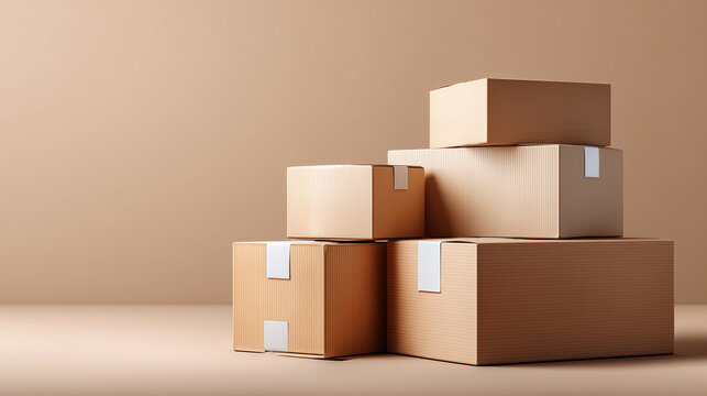Stacked cardboard boxes arranged systematically on a neutral toned surface for storage or shipping purposes