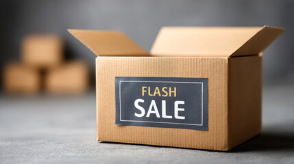Open cardboard box with flash sale label for retail marketing and promotions