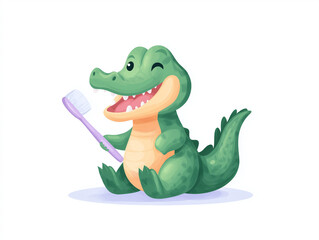 Cartoon crocodile happily brushing teeth with a purple toothbrush, showcasing good dental hygiene for children