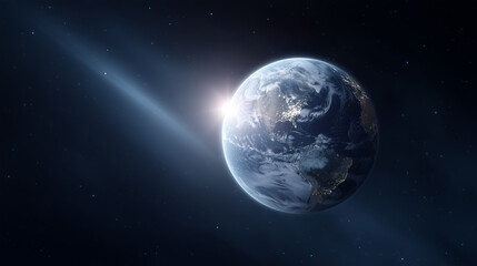 Planet Earth illuminated by sunlight in space with distant stars and cosmic background during a peaceful moment of cosmic wonder