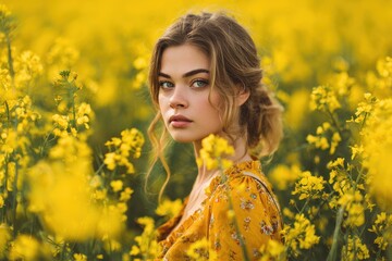 Naklejka premium Stunning Hispanic blonde woman in a flowering canola field glamour shot