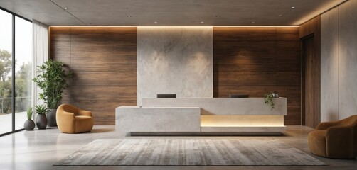 Modern reception area features sleek concrete desk with integrated lighting. Warm wood accent walls, large windows offer natural light. Minimalist decor includes plush armchairs, potted plants,