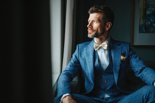 Stylish groom in a blue suit and bow tie sits by the hotel window