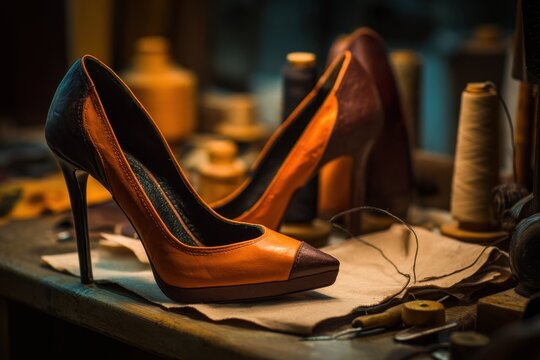 Stylish leather high heeled shoes crafted by a female artisan