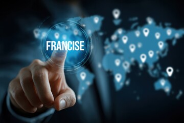 Man's finger touches a glowing 'franchise' button over a world map featuring global franchise locations, indicating business expansion