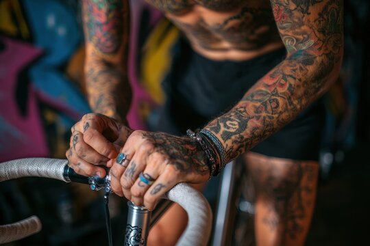 Tattooed hipster man in shorts wrapping bar tape on a fixed gear bike