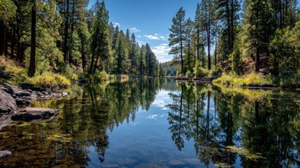 Obraz premium Tranquil forest lake reflection