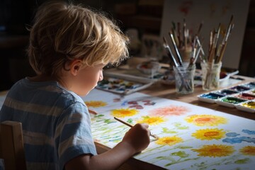 The child used paint to create flowers and the sun