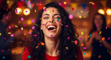 Excited Woman Celebrating with Confetti at a Party