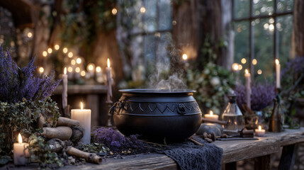 Fantasy gothic ritual scene with cast-iron cauldron exhaling glowing smoke, enchanted forest plants, softly flickering candles, and alchemy tools scattered around