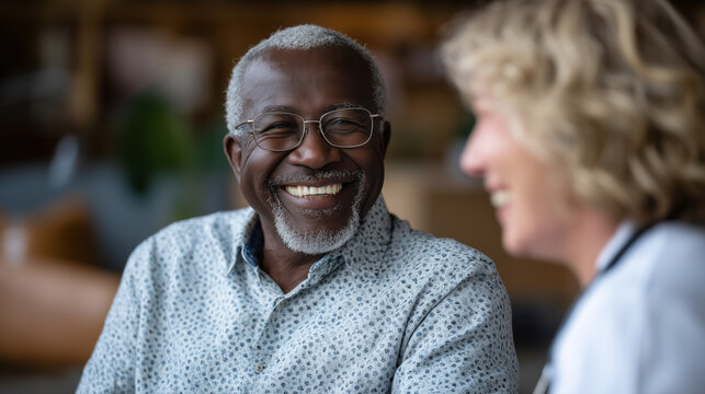 Elderly man and female doctor share a laugh during consultation, trustful energy and body language conveyed in warmly lit medical office with subtle healthcare decor