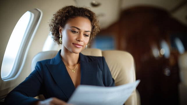 Focused African American businesswoman in sleek navy blazer reviews financial documents on leather table inside a sunlit private jet cabin, polished wood accents and plush seating