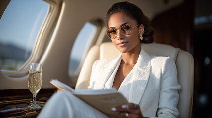 Luxury aviation scene with poised Black businesswoman reviewing proposal folder on lap, glass of sparkling water on side table, jet cabin sleek and bathed in soft daylight