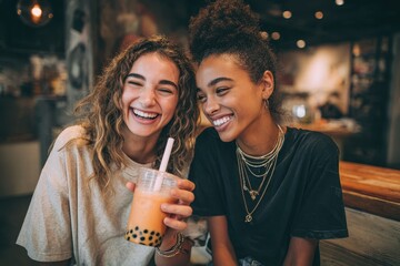 Two mixed race teenage girls enjoying boba tea at a cafe sharing laughs