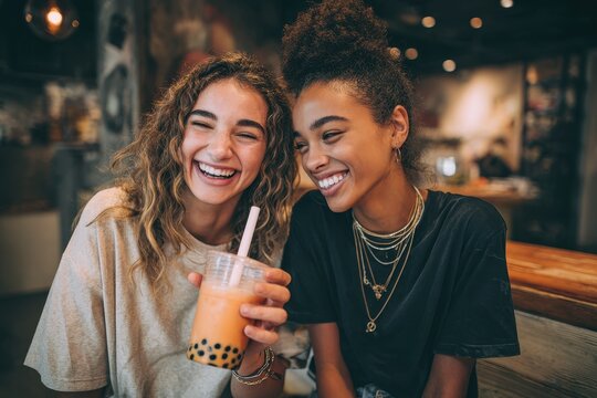 Two mixed race teenage girls enjoying boba tea at a cafe sharing laughs