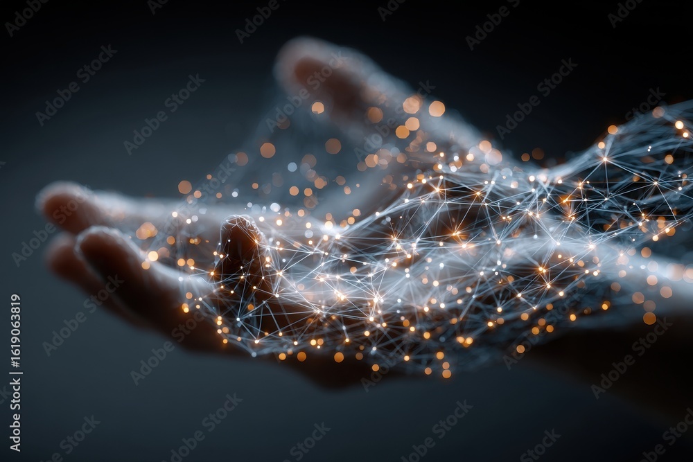 Poster holding the world network connected with digital transformation and globalized data transmission in 