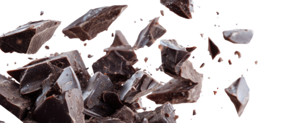 Broken dark chocolate pieces scattered