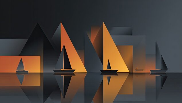 Geometric sunset harbor, sailboats at dusk, abstract city skyline, reflective water, design art - Powered by Adobe