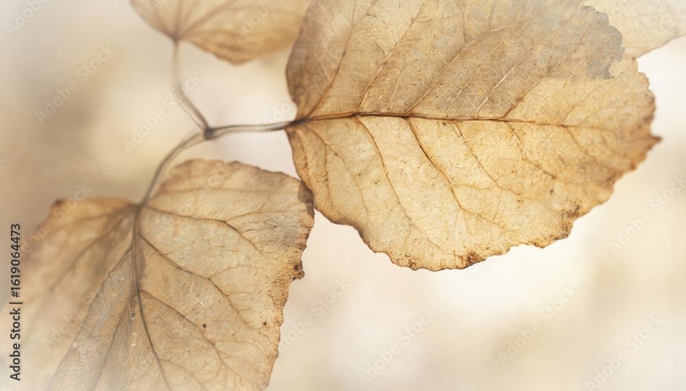 Poster close-up of delicate translucent leaves, showing intricate veining and autumnal texture. soft light 