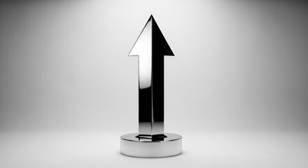 Sleek, minimalist sculpture of an upward-pointing arrow, reflecting light, symbolizing progress, clean studio lighting