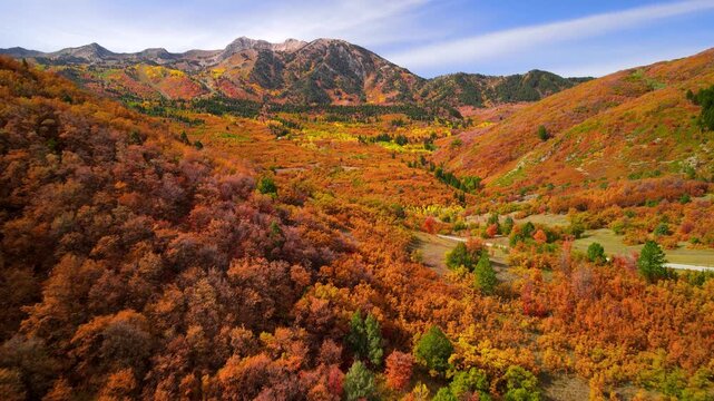 Scenic landscape of Snow basin in Ogden valley, Utah with bright autumn foliage in autumn time.