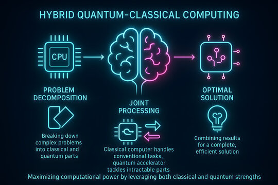Hybrid Quantum-Classical Computing Architecture Infographic for Tech Concepts
