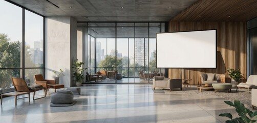 Modern office features glass walls, wood decor, bright open space. Empty presentation board ready for use. Furniture includes comfortable chairs, poufs, sofas. Plants add natural touch. Cityscape