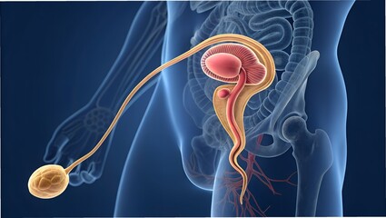 3D visualization of ejaculation pathway — sperm traveling from vas deferens, merging with seminal fluid in prostate