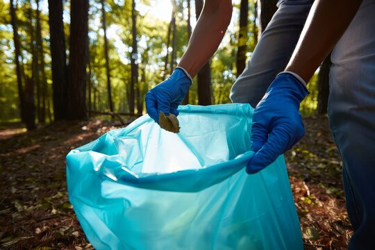 Volunteer cleanup in forest environment picking up trash and helping environment