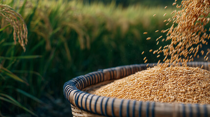 Vibrant close-up of freshly harvested paddy falling rhythmically into a handcrafted basket, subtle textures of straw and basket weave visible, surrounded by lush green farmland