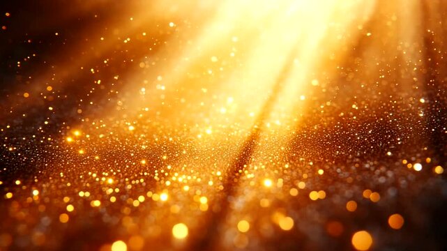 Abstract Golden Glitter Background with Sparkling Light Rays and Bokeh Effect