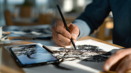 Creative hand-drawn tree artwork in progress on smartphone, hand steady and precise as lines and shading develop, touchscreen surface reflecting ambient daylight