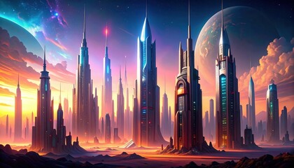 Futuristic City Skyline At Sunset With Pixel Art Effect
