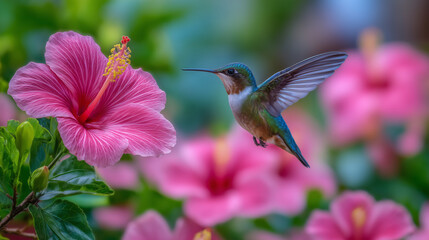 Fototapeta premium Tiny hummingbird feeding on bright pink hibiscus flowers, vibrant garden background blurred, creating sense of peaceful summer day