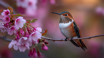 Naklejka premium Graceful hummingbird perched momentarily on thin branch near cascading pink blossoms, shimmering feathers catching rays of golden sunlight