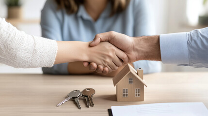 Couple finalizing real estate transaction by shaking hands with realtor over a house model