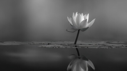 Grayscale image of water lily on pond, mirrored in water with blurry background