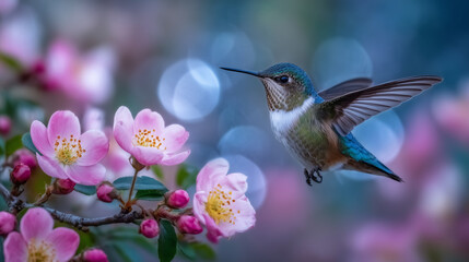 Naklejka premium Peaceful nature scene with hummingbird delicately feeding on wild pink flowers, soft focus on petals and shimmering feathers highlighting fragile beauty