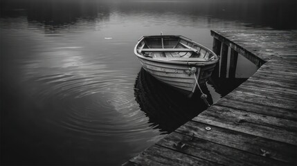 Monochromatic rowboat tied to a weathered dock on calm, misty water reflecting light