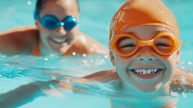 Young boy practicing swimming techniques in pool for fitness and fun