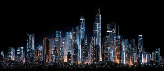 Naklejka premium Night cityscape panorama illuminated skyscrapers, dark sky, urban sprawl, futuristic design. Website header