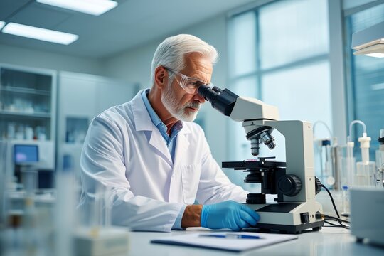 Senior scientist analyzing samples under microscope in laboratory research and science