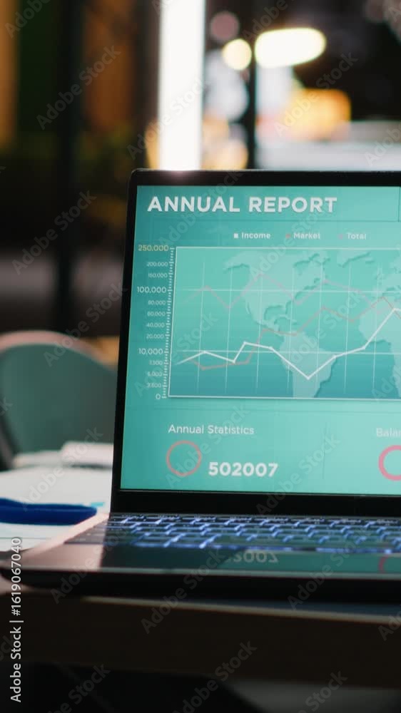 Poster vertical video empty boardroom with a laptop running performance metrics and data projections on scr