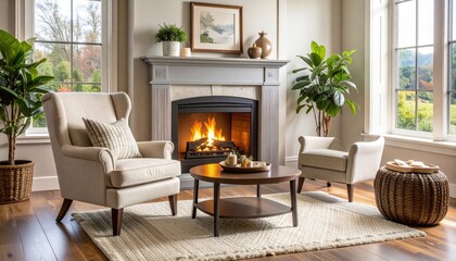Cozy Living Room with Fireplace and Armchairs